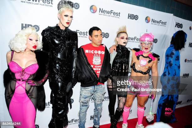 Amanda Lepore, guest, Nicola Formichetti, guest and Candy Ken attend NewFest 2017 Opening Night - Susanne Bartsch: On Top at SVA Theatre on October...