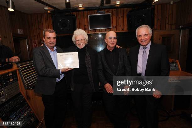 Musician Alan Schwartzberg, musician Paul Shaffer, music engineer, arranger Charles Calello and Tony Bongiovi attend the Tony Bongiovi Receives...