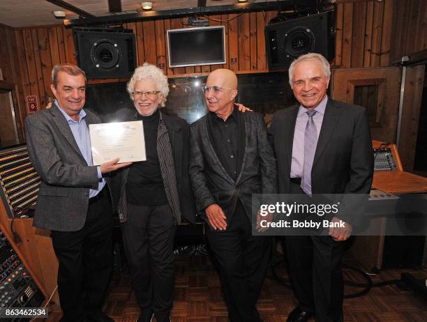 Musician Alan Schwartzberg, musician Paul Shaffer, music engineer, arranger Charles Calello and Tony Bongiovi attend the Tony Bongiovi Receives...