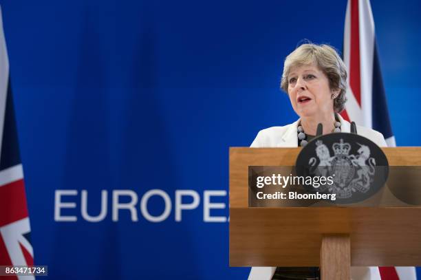 Theresa May, U.K. Prime minister, speaks during a news conference as European Union leaders meet in Brussels, Belgium, on Friday, Oct. 20, 2017. May...