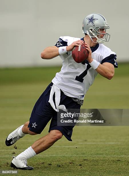 Quarterback Stephen McGee of the Dallas Cowboys drops back to pass during rookie mini camp on May 1, 2009 in Irving, Texas.