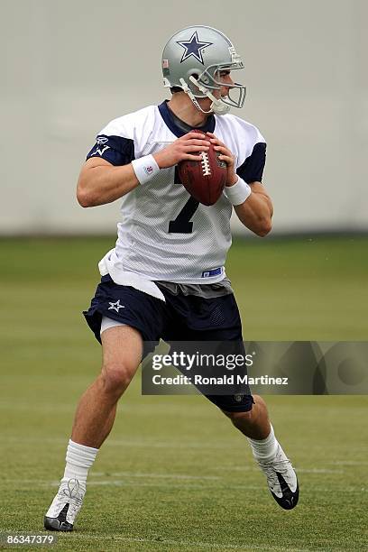 Quarterback Stephen McGee of the Dallas Cowboys drops back to pass during rookie mini camp on May 1, 2009 in Irving, Texas.