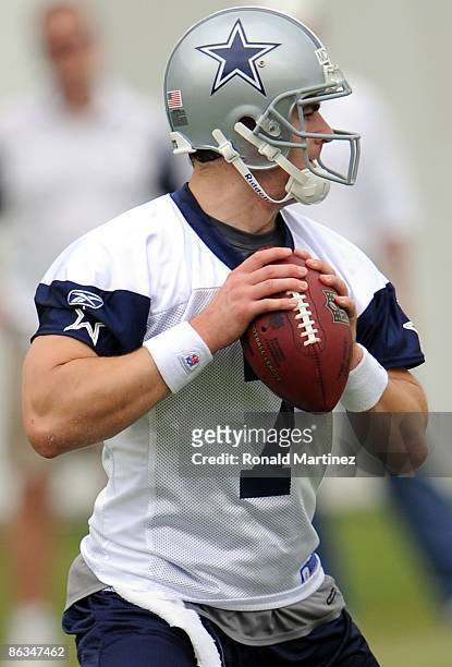 Quarterback Stephen McGee of the Dallas Cowboys drops back to pass during rookie mini camp on May 1, 2009 in Irving, Texas.
