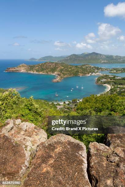 english harbour from shirley heights - nelsons dockyard stock pictures, royalty-free photos & images