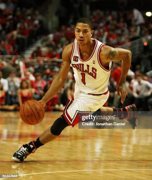 Derrick Rose of the Chicago Bulls drives against the Boston Celtics in Game Six of the Eastern Conference Quarterfinals during the 2009 NBA Playoffs...