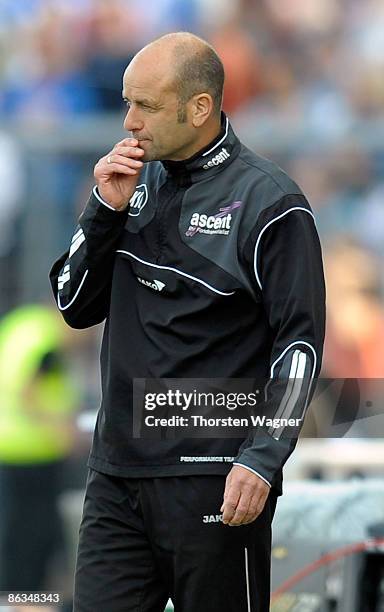 Edmund Becker, head coach of Karlsruhe looks on during the Bundesliga match between Karlsruher SC and FC Energie Cottbus at the Wildpark stadium on...
