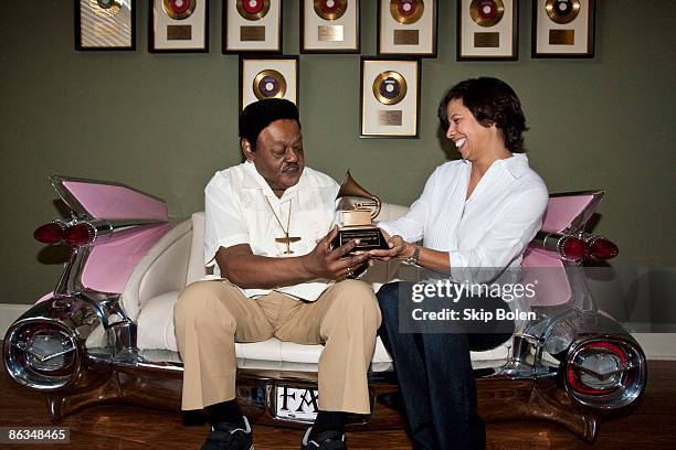 Fats Domino accepts his Grammy Lifetime Achievement Award presented by the Recording Academy's Angelia Bibbs-Sanders at a ceremony to replace...