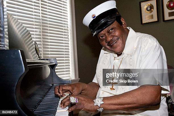 Fats Domino plays his piano at a ceremony to replace Lifetime Achievement Award lost in Hurricane Katrina at Private Residence on May 1, 2009 in New...