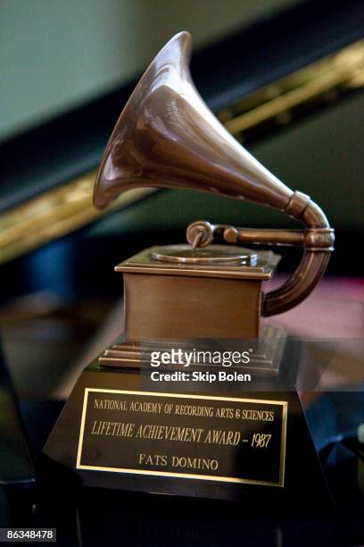Detail of Fats Domino's Grammy Lifetime Achievement Award at a ceremony to replace Lifetime Achievement Award lost in Hurricane Katrina at Private...