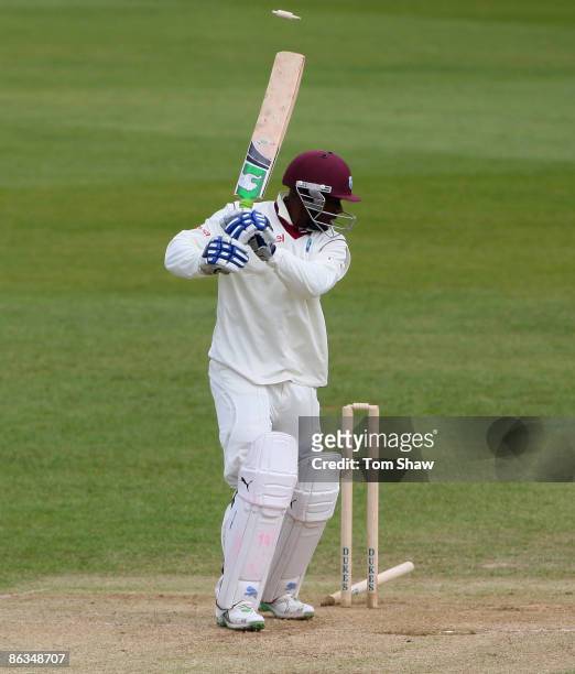 Devon Smith of the West Indies is bowled out during day 3 of the tour match between England Lions and the West Indies at the County Ground on May 2,...