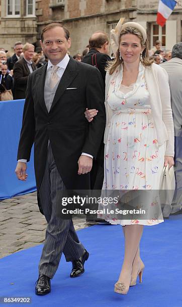 Pierre-Louis Dailly and wife Princess Adelaide of Orleans arrive at the Senlis Cathedral to attend the wedding of Jean de France with Philomena de...