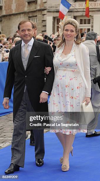 Pierre-Louis Dailly and wife Princess Adelaide of Orleans arrive at the Senlis Cathedral to attend the wedding of Jean de France with Philomena de...