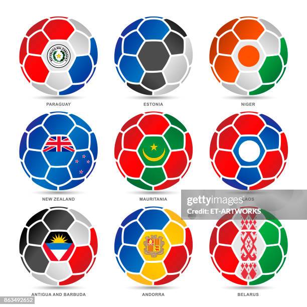 flags of world on soccer balls - andorra stock illustrations