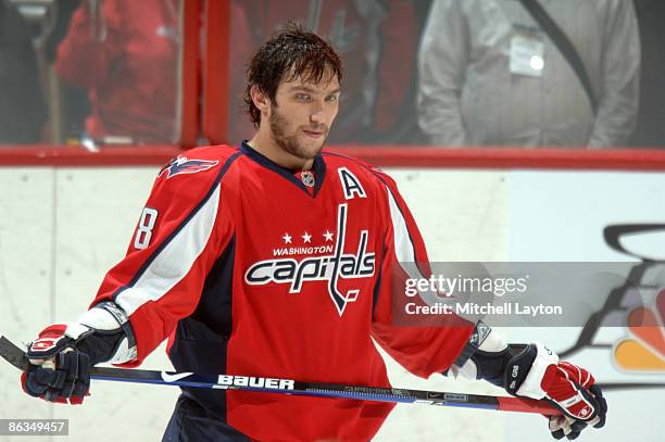 Alex Ovechkin of the Washington Capitals looks on during warm ups of Game One of the Eastern Conference Semifinals of the 2009 NHL Stanley Cup...