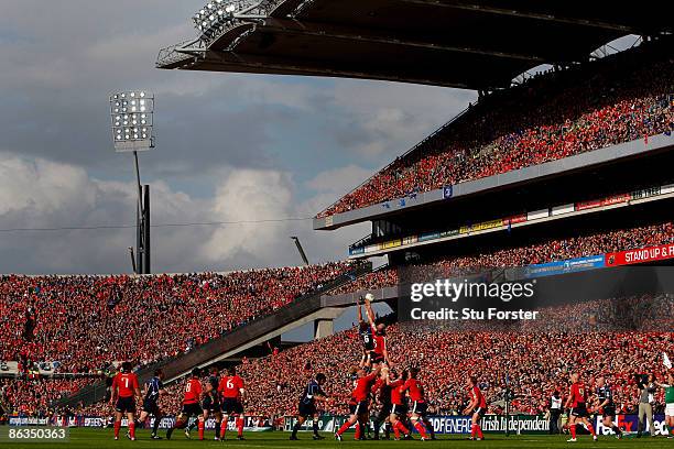 Part of the world record crowd for a club game watch the game during the Heineken Cup Semi Final between Munster and Leinster at Croke Park on May 2,...