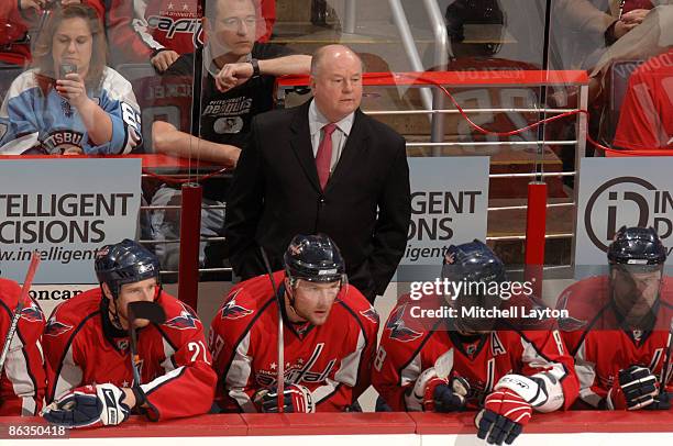 Bruce Boudreau, head coach of the Washington Capitals, watches the action on the ice during Game One of the Eastern Conference Semifinals of the 2009...