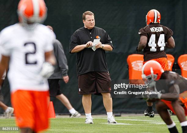 Head coach Eric Mangini of the Cleveland Browns looks on during rookie mini camp at the Cleveland Browns Training and Administrative Complex on May...