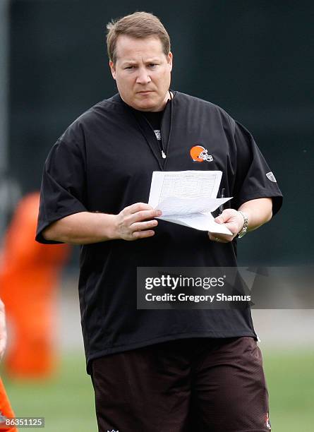 Head coach Eric Mangini of the Cleveland Browns looks on during rookie mini camp at the Cleveland Browns Training and Administrative Complex on May...