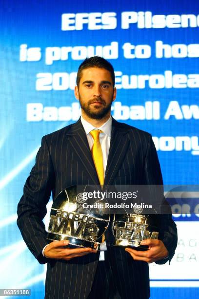Juan Carlos Navarro, #11 of Regal FC Barcelona poses with Awards of MVP of the season 2008-2009 and First Team during the Euroleauge Basketball Final...