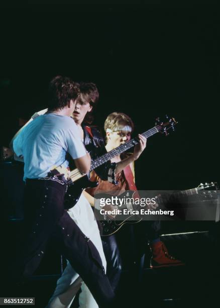 Duran Duran perform on stage at Wembley Arena, London, 1983. L-R Simon Le Bon, John Taylor, Andy Taylor.