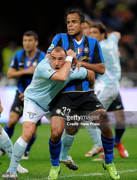 Amantino Mancini of Inter and Cristian Brocchi of Lazio in action during the Serie A match between Inter and Lazio at the Stadio Meazza on May 02,...