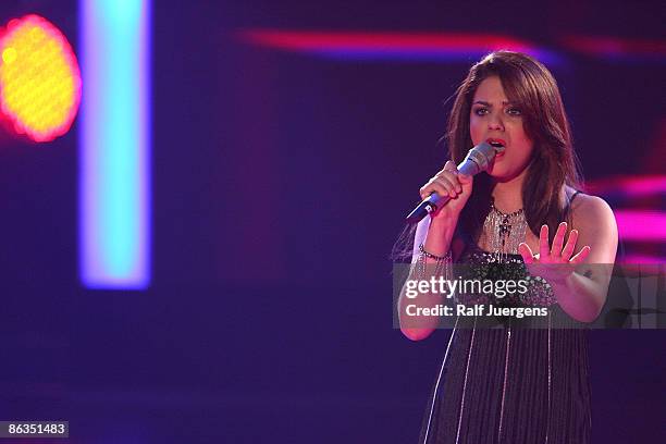 Sarah Kreuz performs her song during the rehearsal for the singer qualifying contest DSDS 'Deutschland sucht den Superstar' semi final show on May...