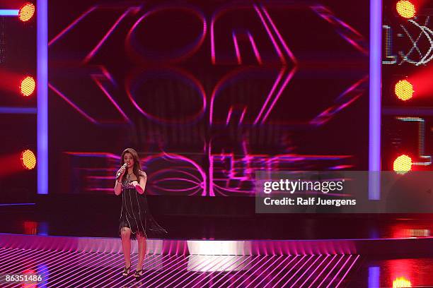 Sarah Kreuz performs her song during the rehearsal for the singer qualifying contest DSDS 'Deutschland sucht den Superstar' semi final show on May...