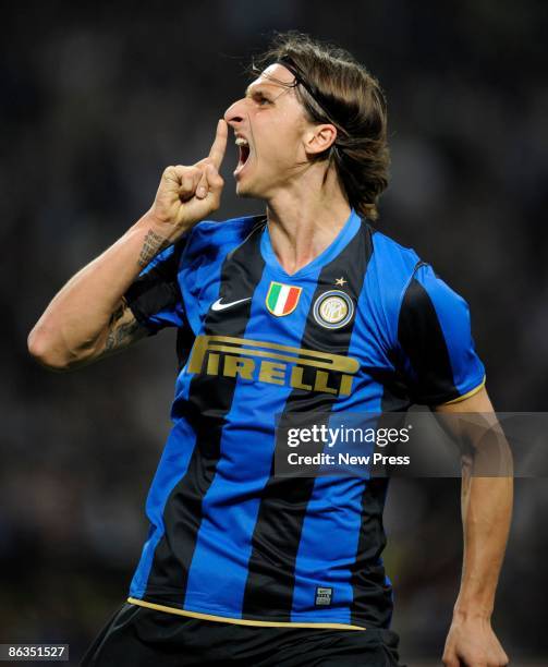 Zlatan Ibrahimovic of Inter celebrates a goal during the Serie A match between Inter and Lazio at the Stadio Meazza on May 02, 2009 in Milan, Italy.