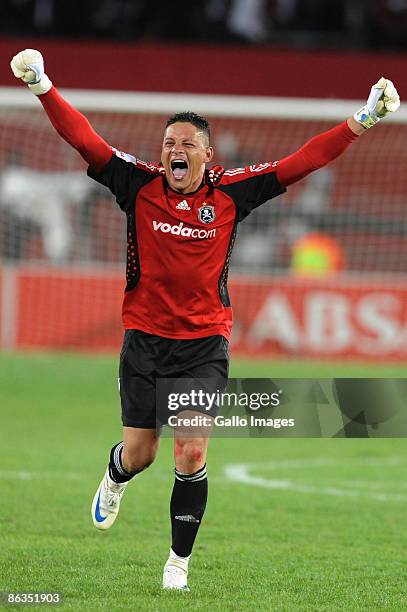 Pirates goalkeeper Moeneeb Josephs celebrates during the Absa Premiership match between Orlando Pirates and Kaizer Chiefs from Coca Cola Park on May...