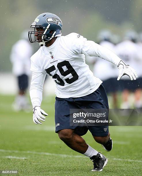 Linebacker Aaron Curry of the Seattle Seahawks in action during minicamp at the Seahawks' training facility on May 2, 2009 in Renton, Washington.