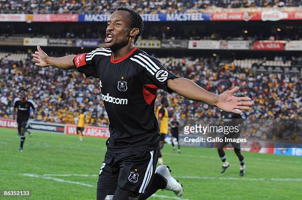 Pirates two goal hero Katlego Mashego celebrates his goal during the Absa Premiership match between Orlando Pirates and Kaizer Chiefs from Coca Cola...