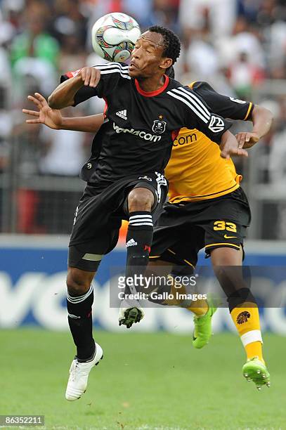Katlego Mashego and Jeffrey Ntuka fight for the header during the Absa Premiership match between Orlando Pirates and Kaizer Chiefs from Coca Cola...