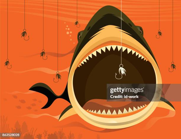 stockillustraties, clipart, cartoons en iconen met grote haai met vissen haken - cartoon shark