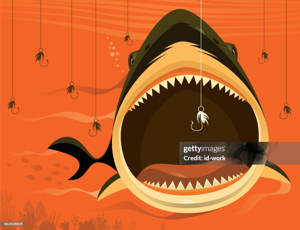 Big Shark With Fishing Hooks High-Res Vector Graphic - Getty Images
