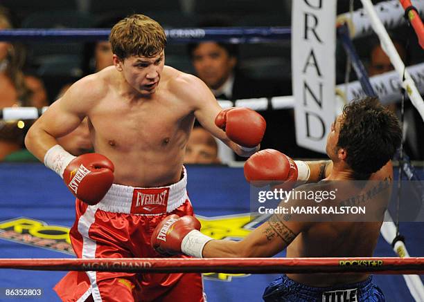 Matt Korobov of Russia knocks out Anthony Bartenelli of the US during their Middleweight fight at the MGM Grand Garden Arena on May 2, 2009 in Las...