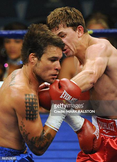 Matt Korobov of Russia lands a punch on Anthony Bartenelli of the US during their Middleweight fight at the MGM Grand Garden Arena on May 2, 2009 in...