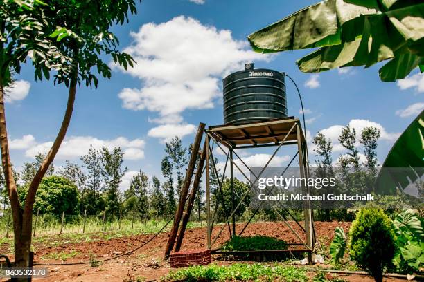 Kirinyaga, Kenya A Water Reservoir on a water tower next to a field of a farm on which plants grow with the support of the irrigation system of local...