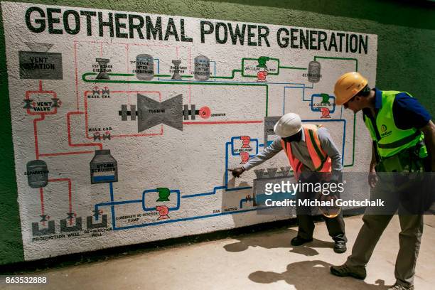 Olkaria, Kenya A engineer at environmentally friendly and renewable energy generation in the KenGen or Kenya General Energy Olkaria geothermal power...
