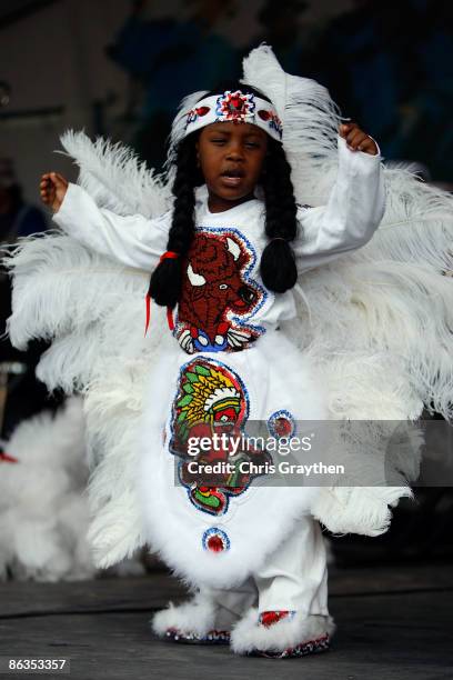 War Chief Juan and Golden Comanche Mardi Gras Indians perform on the Jazz & Heritage Stage in the 2009 New Orleans Jazz & Heritage Festival at the...