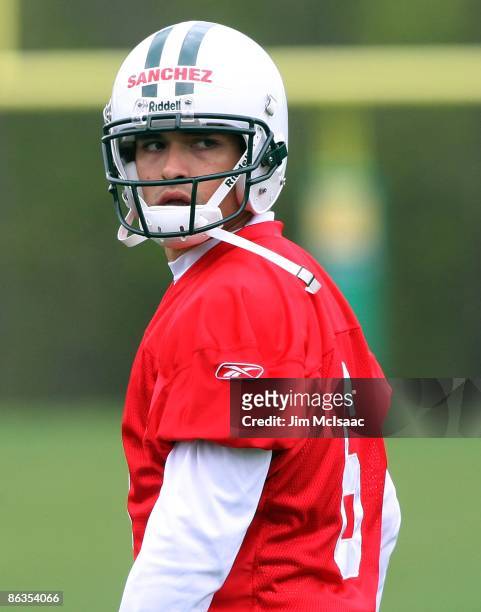 Quarterback Mark Sanchez of the New York Jets looks on during minicamp on May 2, 2009 at the Atlantic Health Jets Training Center in Florham Park,...