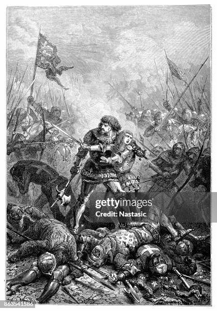 king john and his son prince philip at battle of poitiers in 1356 - prince philip of serbia stock illustrations