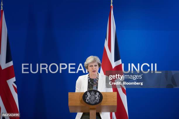 Theresa May, U.K. Prime minister, speaks during a news conference at a European Union leaders summit in Brussels, Belgium, on Friday, Oct. 20, 2017....