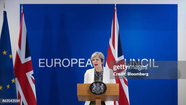 Theresa May, U.K. Prime minister, speaks during a news conference at a European Union leaders summit in Brussels, Belgium, on Friday, Oct. 20, 2017....