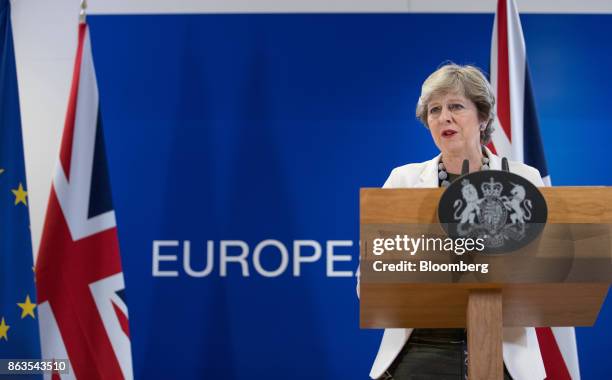 Theresa May, U.K. Prime minister, speaks during a news conference at a European Union leaders summit in Brussels, Belgium, on Friday, Oct. 20, 2017....