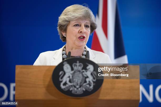 Theresa May, U.K. Prime minister, speaks during a news conference at a European Union leaders summit in Brussels, Belgium, on Friday, Oct. 20, 2017....