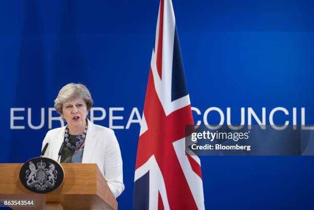 Theresa May, U.K. Prime minister, speaks during a news conference at a European Union leaders summit in Brussels, Belgium, on Friday, Oct. 20, 2017....