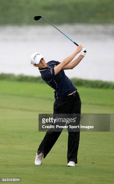 Azahara Munoz of Spain hits a shot on the 18th hole during day two of the Swinging Skirts LPGA Taiwan Championship on October 20, 2017 in Taipei,...