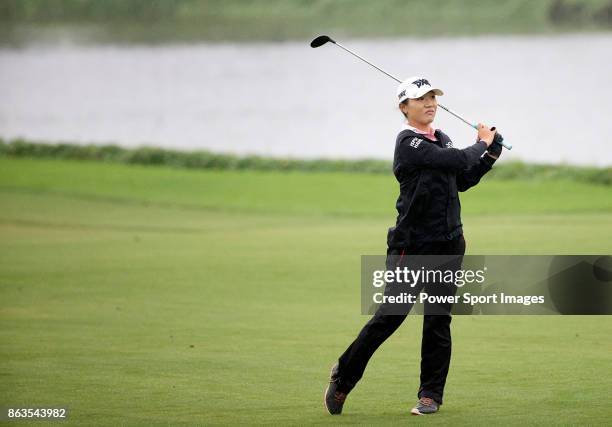 Lydia Ko of New Zealand hits a shot on the 18th hole during day two of the Swinging Skirts LPGA Taiwan Championship on October 20, 2017 in Taipei,...