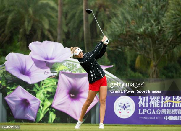 Nelly Korda of the United States tees off on the 12th hole during day two of the Swinging Skirts LPGA Taiwan Championship on October 20, 2017 in...