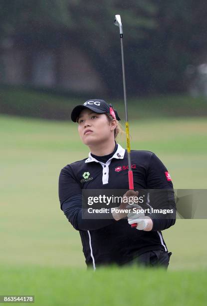 Ariya Jatunugarn of Thailand hits a shot on the 12th hole during day two of the Swinging Skirts LPGA Taiwan Championship on October 20, 2017 in...